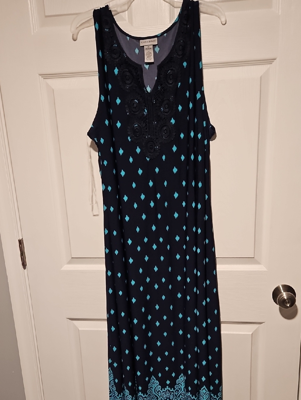 Catherines Navy Maxi Dress with Teal Diamond Print and Crochet V-Neck